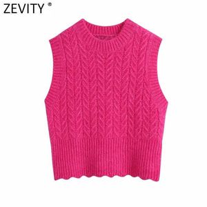 Zevity Springの女性のファッションソリッドかぎ針編みのカジュアルスリムな編み物セーター女性シックな首のノースリーブベストプルオーバートップS612 210603