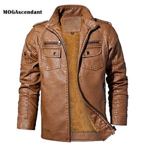 Mäns Läderjackor Vinter Fleece Casual Motorcykel Jacka Biker Leather Coats European Windbreaker Äkta Läderjacka 211203