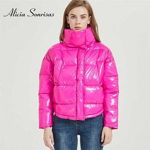 Зимняя глянцевая куртка для женщин розовая красная парка женский хлеб вниз с хлопчатобумажной мягкой блестящей waterprooff пальто 211013