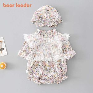 Oso líder bebé niñas flores mamelucos moda nacido manga completa encaje monos niño bebé ropa con sombreros para 0-24M 210708