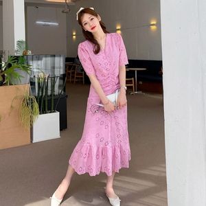 Women Summer Elegant Cotton Embroidered Flower Hollow Out Lace Dresses Pink Female V-Neck Short Sleeve Draped Mermaid Long Dress 210514