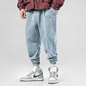 Mode Streetwear Men Jeans Loose Fit Retro Blå Casual Bomull Denim Cargo Pants Spliced ​​Designer Hip Hop Joggers Byxor