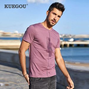 KUEGOU Cotton Men's T-shirt summer tshirts men embroidery fashion extension short sleeve t shirt top plus size LT-1776 210629