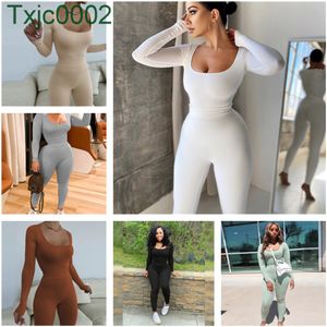 Kvinnor Tracksuits Två Piece Set Designer Sexig Höjd Elastiska Jumpsuits Leggings Solid Färg Låg Bröst Långärmad Hög midja 6 Färger