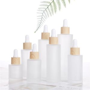 Buzlu Uçucu Yağ Cam Şişe Kozmetik Düz Omuz Damlalık Şişe Konteyner Imitated Bambu Kapak 20ml 30ml 50ml 60ml 100ml