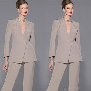 2022 Simple Mother Of The Bride Pants Suits Two Pieces Wedding Guest Formal Party Gowns Deep V Neck Long Sleeves Groom Mom Prom Evening Dresses