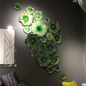 Placas de folha de lótus verde decoração da parede da lâmpada que pendura a mão de Murano que soprava a flor montada 6 a 20 polegadas