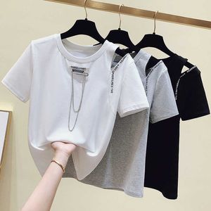 Perlen T-Shirt T-Shirt Frauen Hip Hop Kleidung Weiß Kurzarm T-Shirt Sommer Tops T-Shirt Baumwolle Schwarz Grau Hohe Qualität 210604