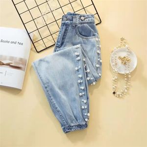 Letnie Kobiety Luźne Przycisk Przycisk Fly Bawełna Denim Spodnie Harem Haftowane Flares Design Długość Długość Dżinsy W44 210512