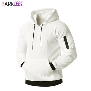 Erkek Beyaz Kapüşonlu Kazak Kış Pamuk Yastıklı Dikey Çizgili Tişörtü Hoodies Erkekler Casual Orta Kilükleme Ter Homme 210522