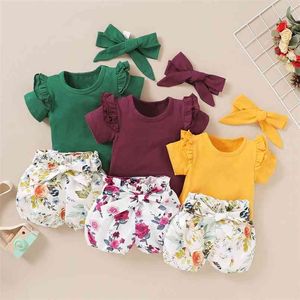 Solid Short-sleeve Top and Allover Shorts with Headband Set 210528