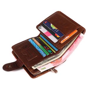 Wallets Men Business 2021 Crazy Horse Vintage Genuine Leather Zipper Card Holder Male Block RFID Fold Purse