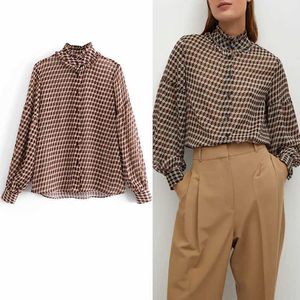 Za vintage print ruffle blus kvinnor lång puff ärm kontor dam skjorta kvinnlig mode framknapp lösa toppar 210602