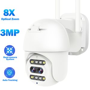 3MP IP-камера Wi-Fi двойной камеры системы объектива объектива PTZ Home Security камера 8x ZOOM CCTV CAMERAS P2P Speed ​​Dome Auto Tracking