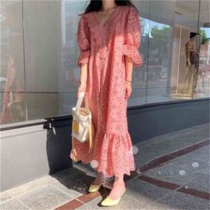 Korobov ny ankomst kvinnor spets klänning koreanska eleganta ihåliga ut kvinnliga klänningar sommar chic söt vintage vestidos femme 210430