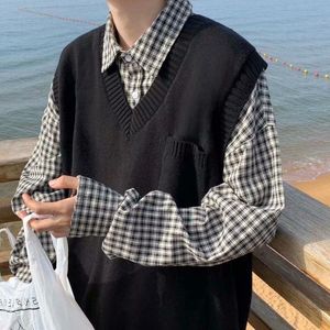 Men's Vests V-neck Vest Sweater Men All-match Solid Sweaters Knitted Pullover Loose Pocket Sleeveless Black/blue Male Clothes Autumn Winter