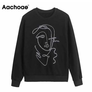 Aachoae Kvinnor Mode Karaktär Skriv ut Sweatshirts Loose O Neck Hoodie Toppar Kvinna Långärmad Casual Pullovers Sudaderas Y0820