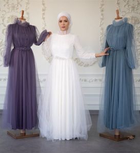 Elegante abito da sera musulmano bianco viola a Dubai Collo alto Tulle Abiti da ballo arabi con maniche a sbuffo con perline Abbigliamento da cerimonia formale da donna abendkleider Mariage