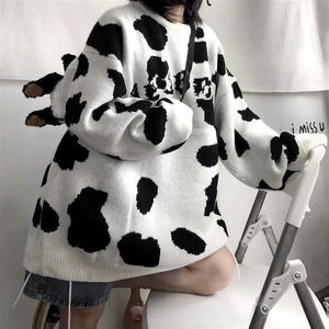 Women's Sweaters Deeptown Kawaii Cow Spots Sweater Harajuku Vintage Pullover Korean Style Long Sleeve Winter Autumn 2021 Fashion Couple Clot