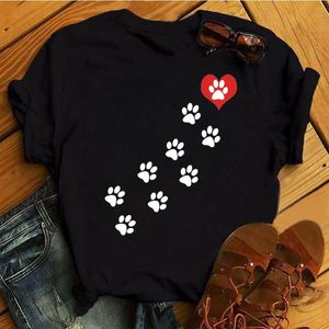 Fashion Women T Shirt Red Heart Dog Paw Print Summer Female Tops Short Sleeve Tee Shirts Cute T-shirt Black Woman