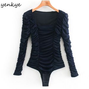 Vintage Dark Blue Draped Mesh Bodysuit Women Square Neck Long Sleeve Body Femme Sexy Tops 210514