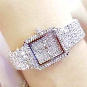 Fullständig Diamond Quartz Kvinnor Silver Klockor Lyx Märke Crystal Square Kvinna Armbandsur Ladies Clock Montre Femme 210527