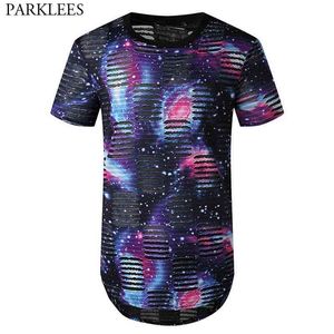 Ripped Longline Tshirt Men Summer Short Sleeve Fashion Print Teeshirt Homme Hip Hop Long Mens T Shirts Camisetas 2XL 210522