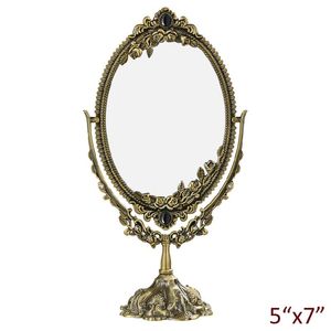 Europeisk antik mässing graverade ros blommor gren design smycken x7 inches ovala bordsskiva swing metall kosmetiska spegel speglar