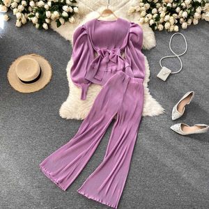 Elegant Women Purple Pant Suits Spring Autumn Solid Puff Sleeve Top Pleated Chiffon Wide-Leg Pants 2 Piece Set Female Outfit 210930