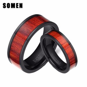 Wedding Rings MM MM Black Titanium His And Hers Ring Sets Women Men Matching Bands With Mahogany Wood Inlay