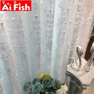 White Elegant Lxury Curtains Tulle Contain Pearls Embroidery Beads Window Drapes Curtain Sheer for Living Room Finished ZH040#5 210712