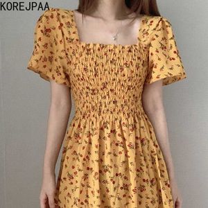 Korejpaa Kobiety Sukienka Koreański Lato Słodki Retro Kwadratowy Kołnierz Wykończenia Potargane Wysokiego Trzymane Rękawy Rękawy Złamany Kwiat Vestido 210526