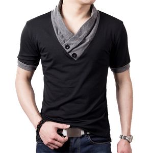 Плюс размер летние мужские футболки мода тонкий с коротким рукавом лоскутное клавиш V шеи хлопок черная футболка мужская кнопка Tees Tees 210726