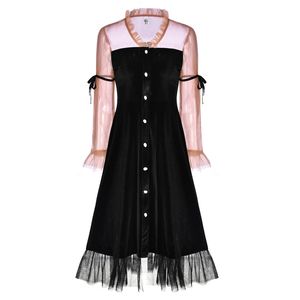 Women Vintage Retro Black V Neck Bow Lantern Long Sleeve Drees Velvet Mesh Patchwork Midi Evening Paty D2241 210514