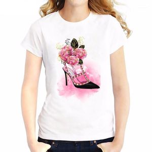 Kvinnors T-shirt Kvinnor Tryckt för tjejer O-Neck Soft Short Sleeve T-shirts Casual White Tops Lady Pink High Heels Skor