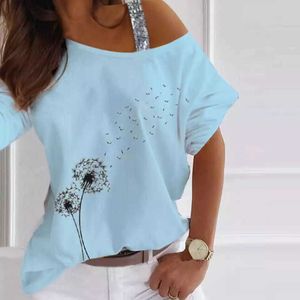 Mode av axel T-shirt Kvinnor 2021 Sommar Casual Topps Sexig Sequined Short Sleeve Tees Floral Print Loose Ladies T-tröja Y0629
