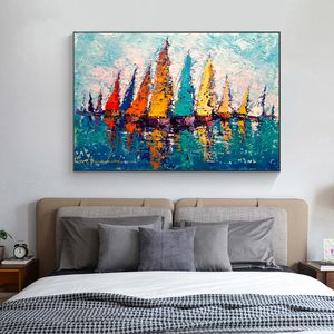 Barco abstrato navio Pôsteres Paisagem de vela Pintura Canvas Arte de parede para sala de estar sofá moderno decoração de casa árvore chuva árvore