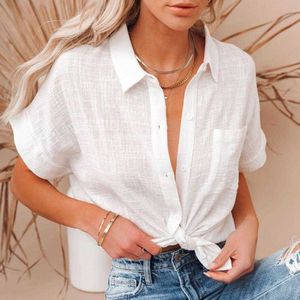 Sommer Baumwolle Leinen Kurzarm Damen Hemd Weiß Hemden Für Frauen Einzige Breaked Turndown Collar 2021 Elegante Damen Tops Y0621