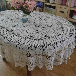 Handmade Crochet Table Cloth Oval Dinner cloth Crocheted Lace Cotton table cloth Long cover 210626