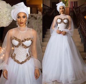 2021 ASO EBI Ivory Prom Dresses Wysokiej szyi Sheer Z Długim Rękawem Z Złote Aplikacje Długość podłogi Księżniczka Suknie Wieczorowe Kobiety Specjalna okazja Dress