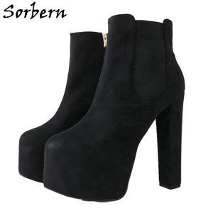 Sorbern Black Ankle Boots Faux Suede High Heels Women Elastic Band Platform Gothic High Desinger Shoes Booties