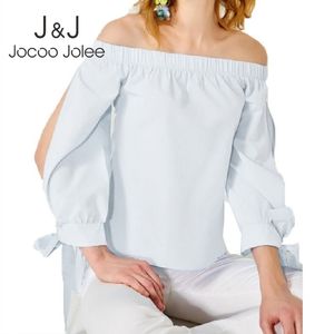 Jocoo Jole Kvinnor Chiffon Blouse Off Shoulder Lace Up Bow Toppar Skjorta Streetwear Plus Storlek 5XL Streetwear Roupas Femininas 210518