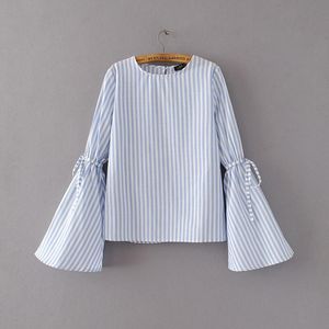 Moda mulheres vintage elegante flare manga listrada camisas casuais O-pescoço blusas feminino solto tops duas cores s1582 210430