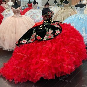 Vintage Red And Black Mexican Quinceanera Dresses 2023 Luxury Sweetheart Organza Tiered Ruffles Embroidery Flower Prom Dress Corset Debutante Vestidos 15 anos