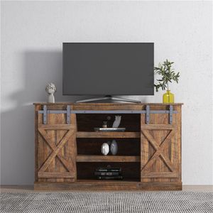 US stock Living Room Furniture Farmhouse Sliding Barn Door TV Stand for TV up to Inch Flat Screen Media Console Table Storage C201o