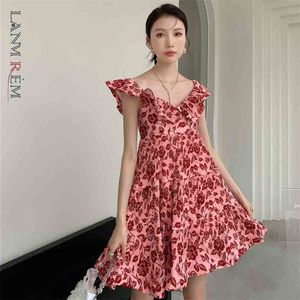 Women Dress Red Flower Printed V Neck Sleeveless Ruffle Floral A-line Temperament Fit Fashion Summer 2H606 210526