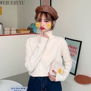 WERUERUYU Harajuku Solid Color Bottoming t Shirt Women Spring Autumn Tee Shirt Korean Turtleneck Slim Long Sleeve Black White 210608