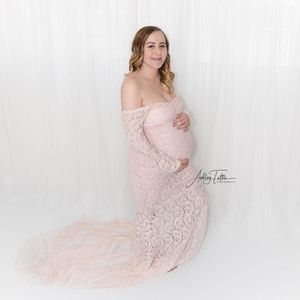 Annelik Elbiseler Dantel Elbise POTRAGHT Omuz Omuz Hamile Bebek Duş Kapalı MAXI Uzun Kollu