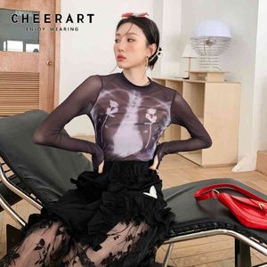 X-Ray Film Y2K Gül Baskı Örgü En Uzun Kollu Tees Tasarımcı T Gömlek Kadın Moda Bayanlar Bayanlar 210427