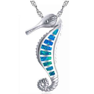 Trendy Silver Color Blue Opals Choker Necklace Women Seahorse Animal Chain Pendant Necklaces Boho Love Jewelry Charms Bijoux G1206